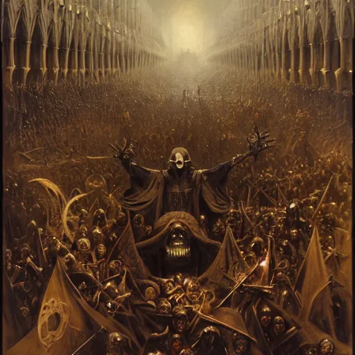 Image similar to dante's inferno, with people in black hooded tunic like in the film eyes wide shut of stanley kubrick, illuminati symbol, crows, skeletons, crosses, dark beauty, rotten gold, perfect faces, extremely detailed. highly detailed painting by gaston bussiere, craig mullins j. c. leyendecker 8 k