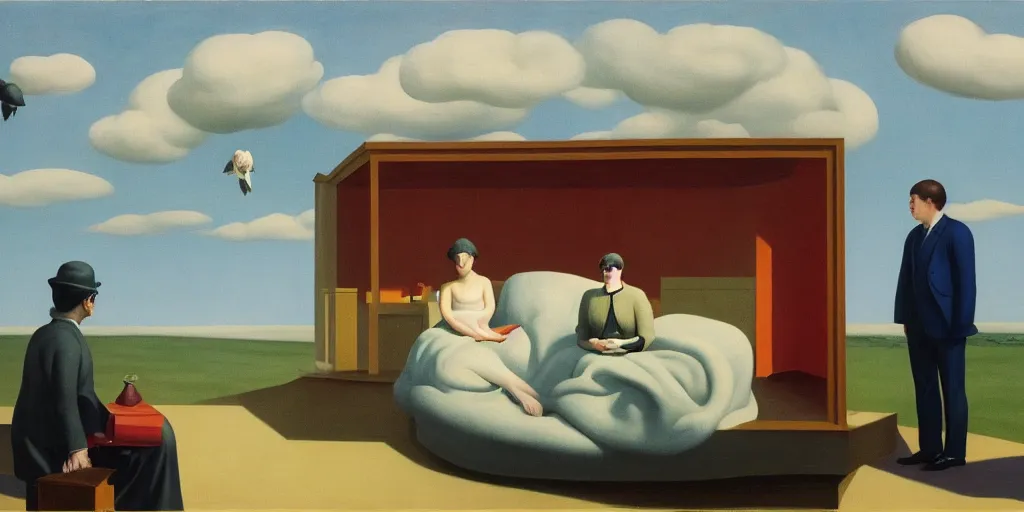 Prompt: three peculiar people pictured in afternoon light, clouds, bird, open ceiling, strange foreign objects, surrealist oil painting by edward hopper, chirico and rene magritte