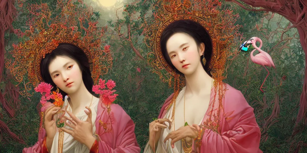 Image similar to breathtaking detailed concept art painting of the goddess of flamingo, orthodox saint, with anxious, piercing eyes, ornate background, amalgamation of leaves and flowers, by Hsiao-Ron Cheng and John James Audubon, extremely moody lighting, 8K