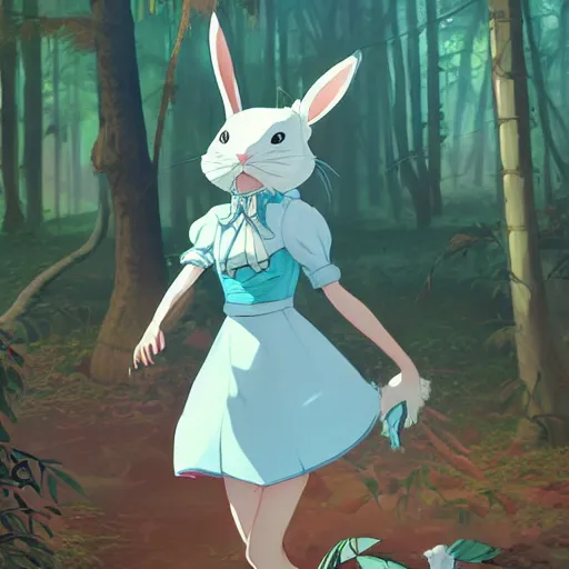 Image similar to concept art painting of an anthropomorphic white rabbit wearing a turquoise dress, in the deep forest, realistic, detailed, cel shaded, in the style of makoto shinkai and greg rutkowski and james gurney