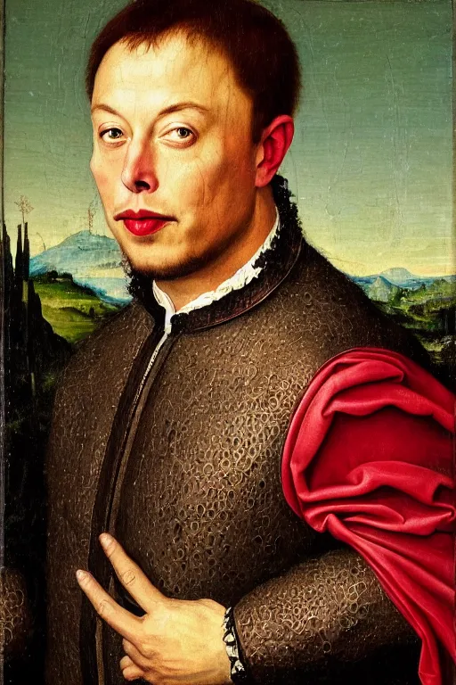 Image similar to portrait of elon musk, oil painting by jan van eyck, northern renaissance art, oil on canvas, wet - on - wet technique, realistic, expressive emotions, intricate textures, illusionistic detail