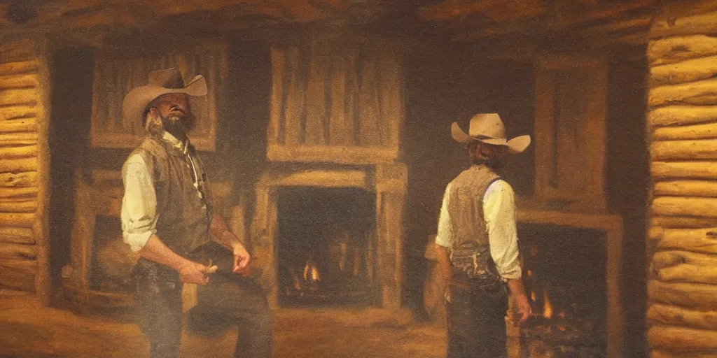 Prompt: in an old west cabin, close up shot a rugged, bearded cowboy standing (alone) at his fireplace, in the style of Fredrick Remington, oil painting