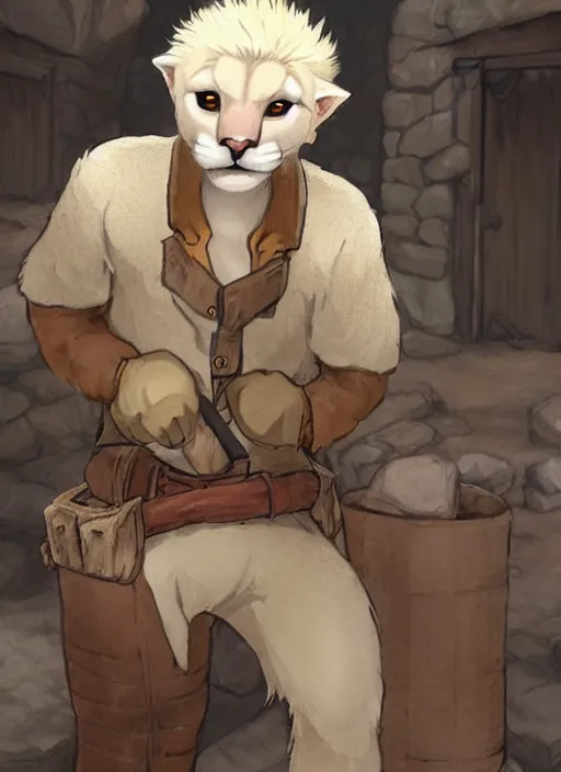 Image similar to character portrait of a anthro!! albino mountain lion wearing miner's clothes at the mines. hidari, color page, tankoban, 4K, tone mapping, Akihiko Yoshida.