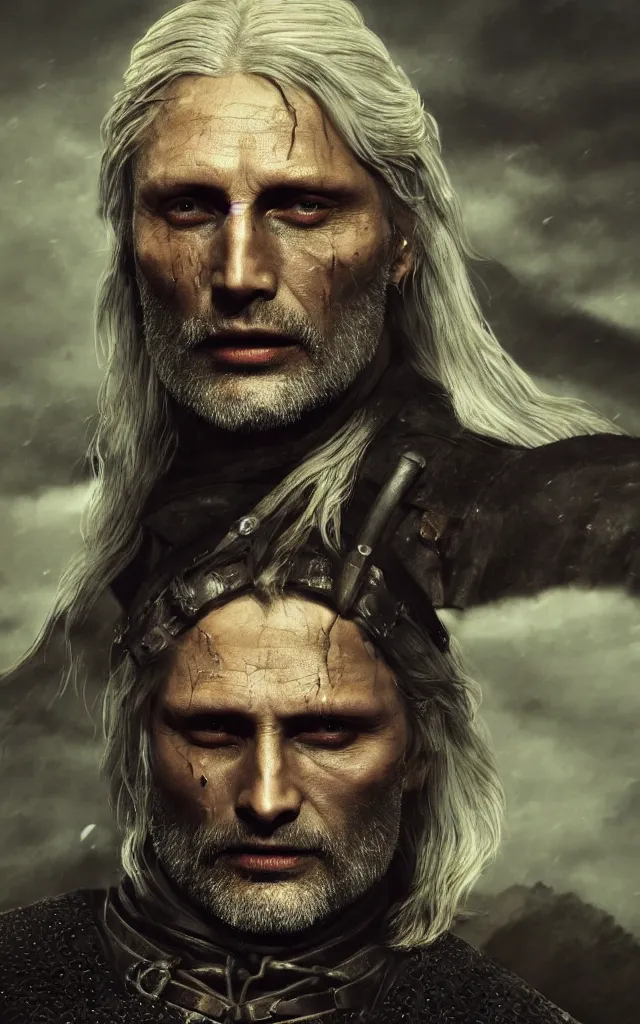 Image similar to mads mikkelsen as vesemir from the witcher, artstation, by camille corot, cinematic, dramatic, filmic, 8 k, moody lighting, cinematic lighting, insanely detailed and intricate, hypermaximalist, elegant, ornate, hyper realistic, super detailed