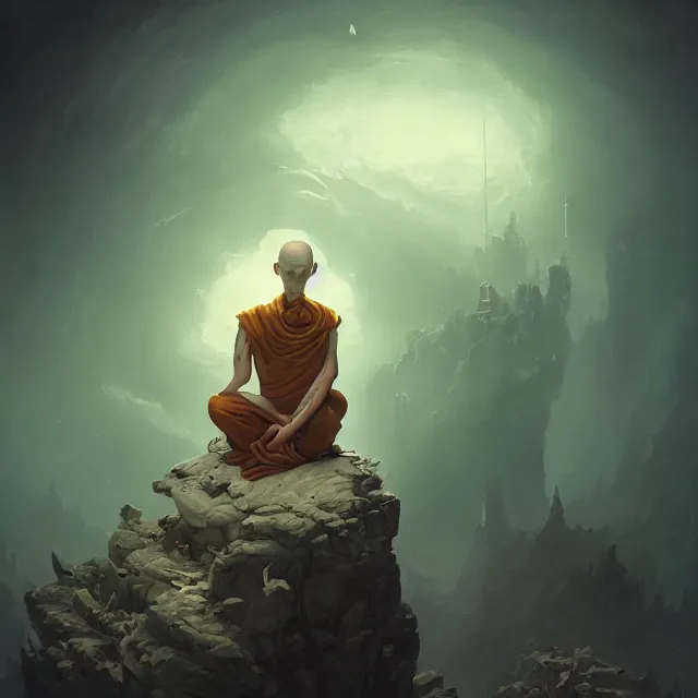 Image similar to in the style of peter mohrbacher, a glowing monk floating and meditating on a rock, dystopian landscape, intricate, masterpiece, award winning, fantasy, hyperrealism intricate