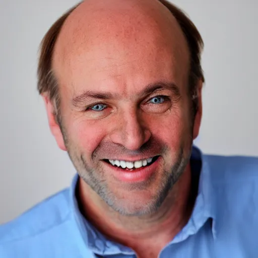 Image similar to color photograph of a balding, middle aged, brown haired, hairy, blue eyed, round faced, short white man dressed in a white shirt, smiling at the camera with perfect, straight white teeth