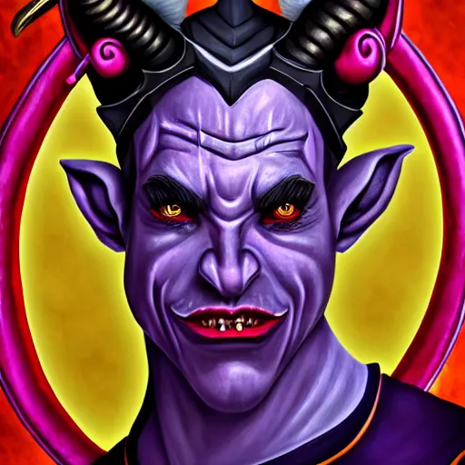 Image similar to detailed, symmetrical, close - up, airbrush art portrait of a level 5 tiefling d & d bard | he has purple skin and red horns | background is black and red