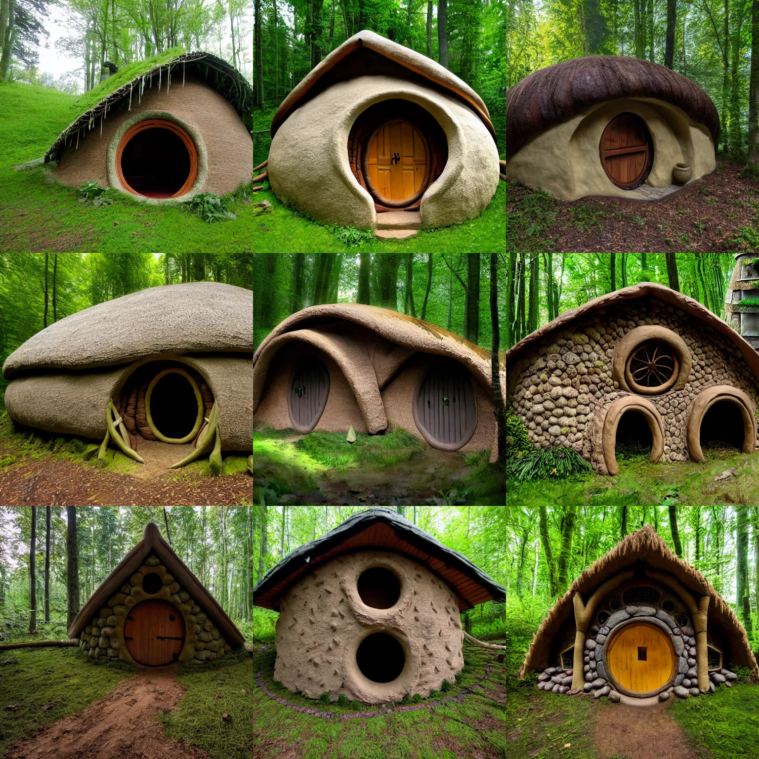 Prompt: natural large sustainable cob house clay multiple stories hobbit inspired fantasy grand epic tall in the woods dream home digital photo 8 k