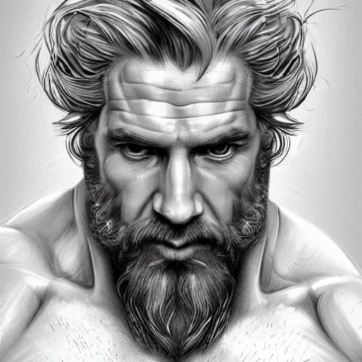 Image similar to half body portrait of rugged zeus, greek god, 4 0 years old, handsome, white hair, soft hair, upper body, muscular, hairy torso, fantasy, intricate, elegant, highly detailed, digital painting, artstation, concept art, smooth, sharp focus, illustration, art by artgerm and greg rutkowski and alphonse mucha