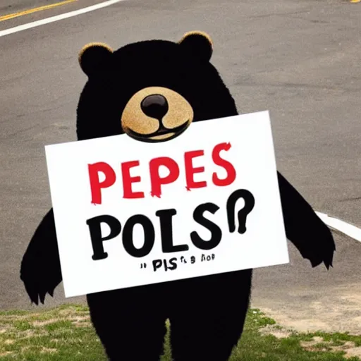 Image similar to a bear holding a'please'sign, in the style of pixar