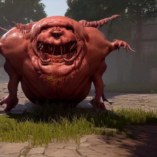 Image similar to fat ripped satanic creature, highly realistic, unreal engine, raytracing, masterpiece