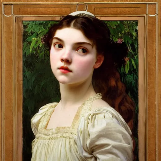 Image similar to a realistic face portrait of a teenage girl who looks lie Uma Thurmond and Anya Taylor Joy with an anxious expression and parted lips, wearing a nightgown, by Frederic Leighton, Alphonse Mucha, Edward Burne Jones
