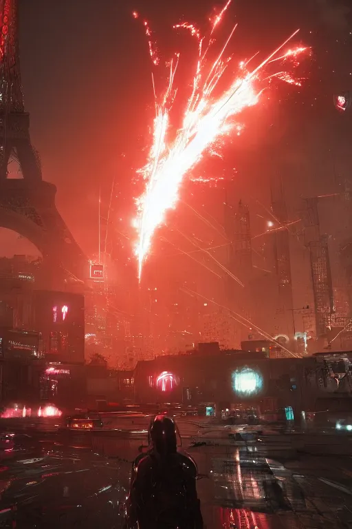 Image similar to paris cyberpunk attacked by aliens, lots of explosions, realistic, high definition, many details, dramatic scene, detailed and realistic hands, symmetrical face, realistic eyes, art of unreal engine 5