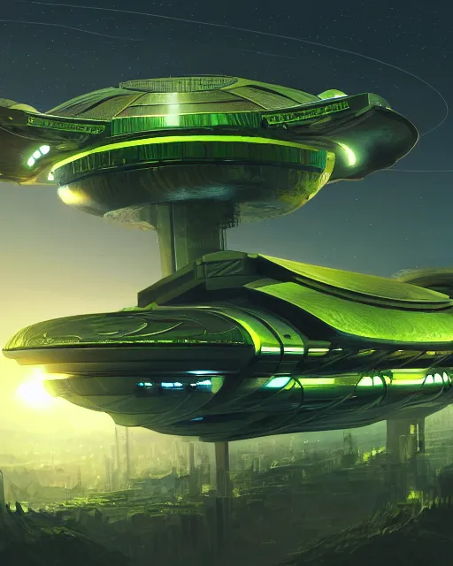 Image similar to Solarpunk space ship, futuristic utopia, scifi, green plants, golden engines, above city, fine details, atmosphere, glow, extreme realistic, trending on artstation