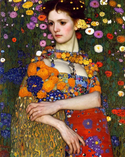 Prompt: a beautiful woman in a colorful dress surrounded by colorful patterns and flowers by gustave klimt and edgar maxence and john william waterhouse and michael whelan, artistic, intricate realistic fantasy, extremely detailed and beautiful face, 8 k resolution, dramatic lighting
