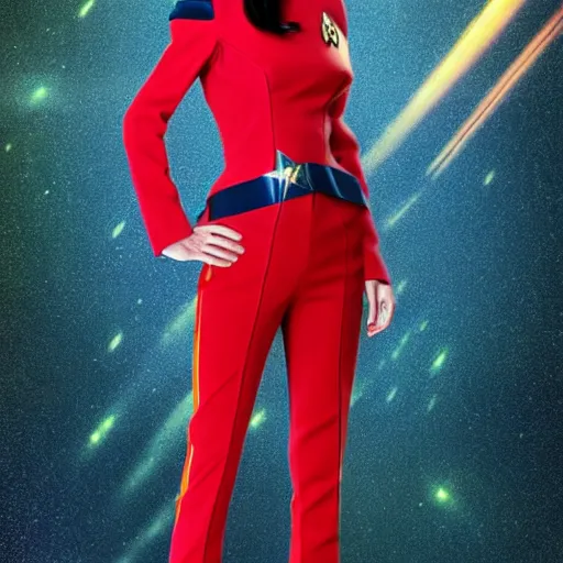 Image similar to a full body photograph of 3 0 year old eva green as a star fleet officer from star trek next generation, ultra rendered, extreme realism and detail, 8 k, highly detailed, realistic, completely framed, hyper realistic, colorful, direct lighting, 3 5 mm photo, photorealistic, sharp focus