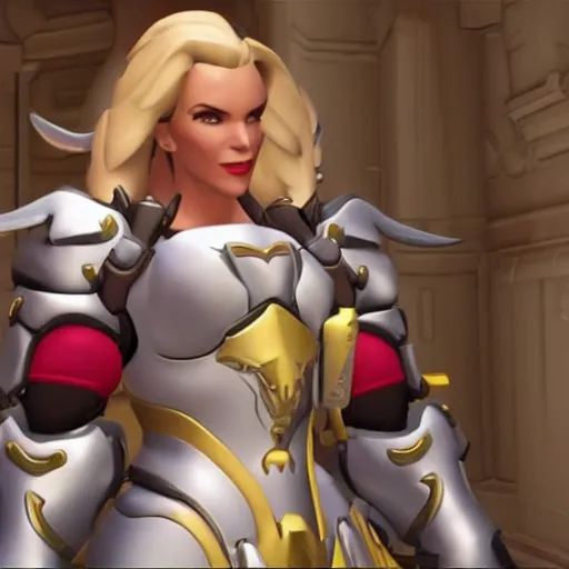 Image similar to a screenshot of arnold schwarzenegger as mercy in overwatch, full body shot