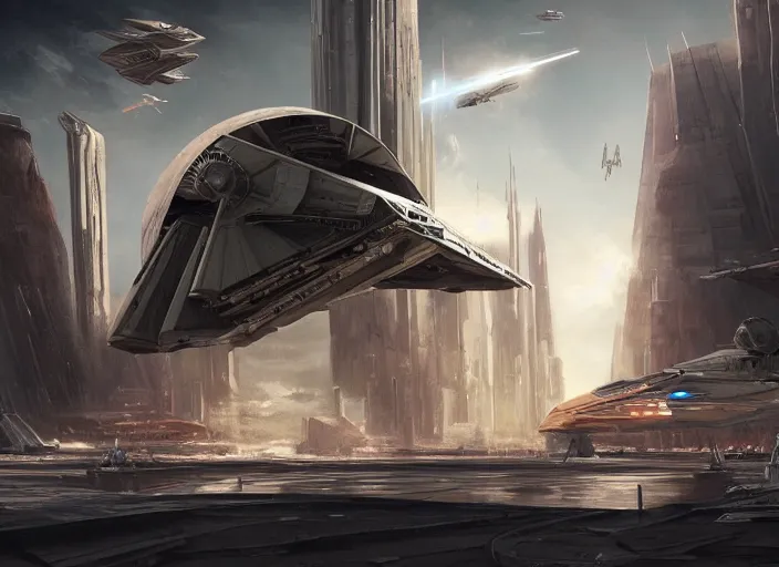 Image similar to a single large spaceship seen from the surface of a busy metropolis, star wars digital art, trending on art station