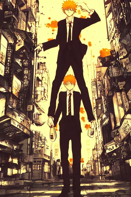 Image similar to manga cover, orange-headed businessman, intricate cyberpunk city, emotional lighting, character illustration by tatsuki fujimoto, chainsaw man, fire punch
