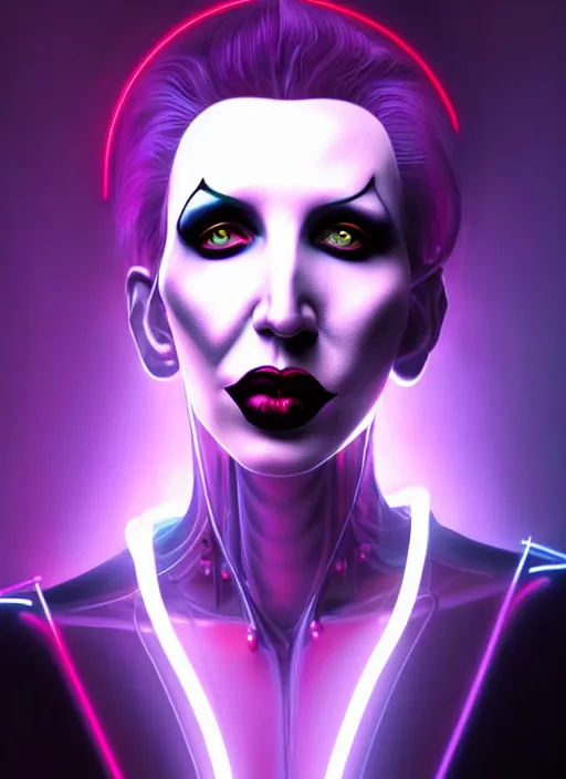 Image similar to portrait of marilyn manson cyber humanoid, intricate, elegant, cyber neon lights, highly detailed, digital painting, artstation, glamor pose, concept art, smooth, sharp focus, illustration, art by artgerm and greg rutkowski