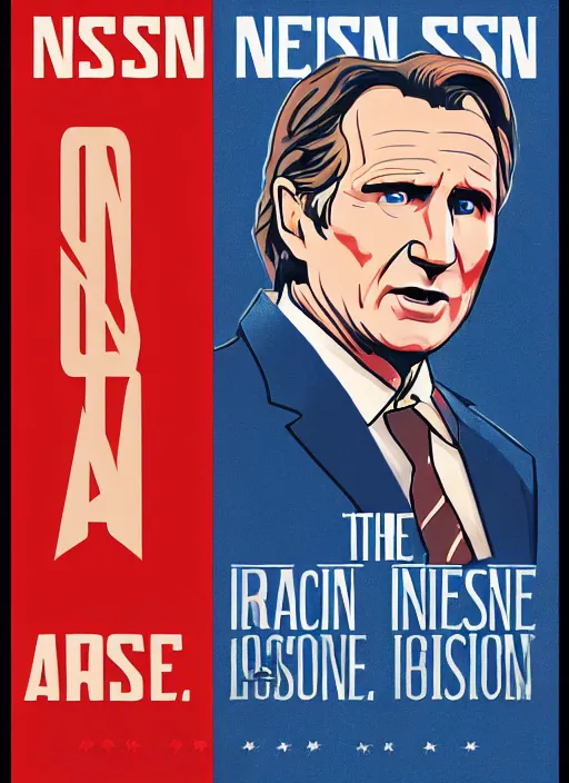 Prompt: the actor, liam neeson portrays united states president george w. bush, 8 0's movie poster, theatrical poster, vibrant fan art, digital art, trending on artstation, minimalist