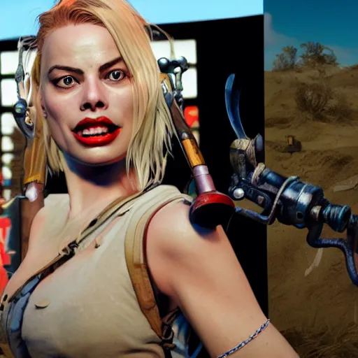 Image similar to margot robbie as tank girl, ultra detailed, concept art, 3 d render, unreal engine 5, ray tracing, fun pose, wild eyes, opened mouth, front and back, big hammer, 4 k