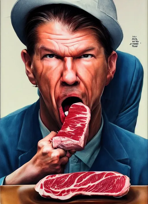 Prompt: ultrawide angle colour portrait masterpiece photography of vince mcmahon eating raw steak shot by annie leibovitz michael cheval miho hirano moebius josh kirb