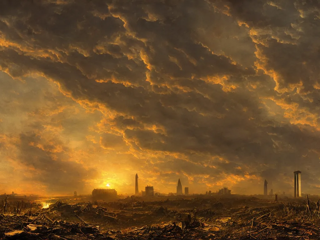 Prompt: a post apocalyptic landscape of washington dc after a nuclear war, washington monument in partial ruins, beautiful radioactive sunset lighting, beautiful painting, fallout 3, painted by albert bierstadt