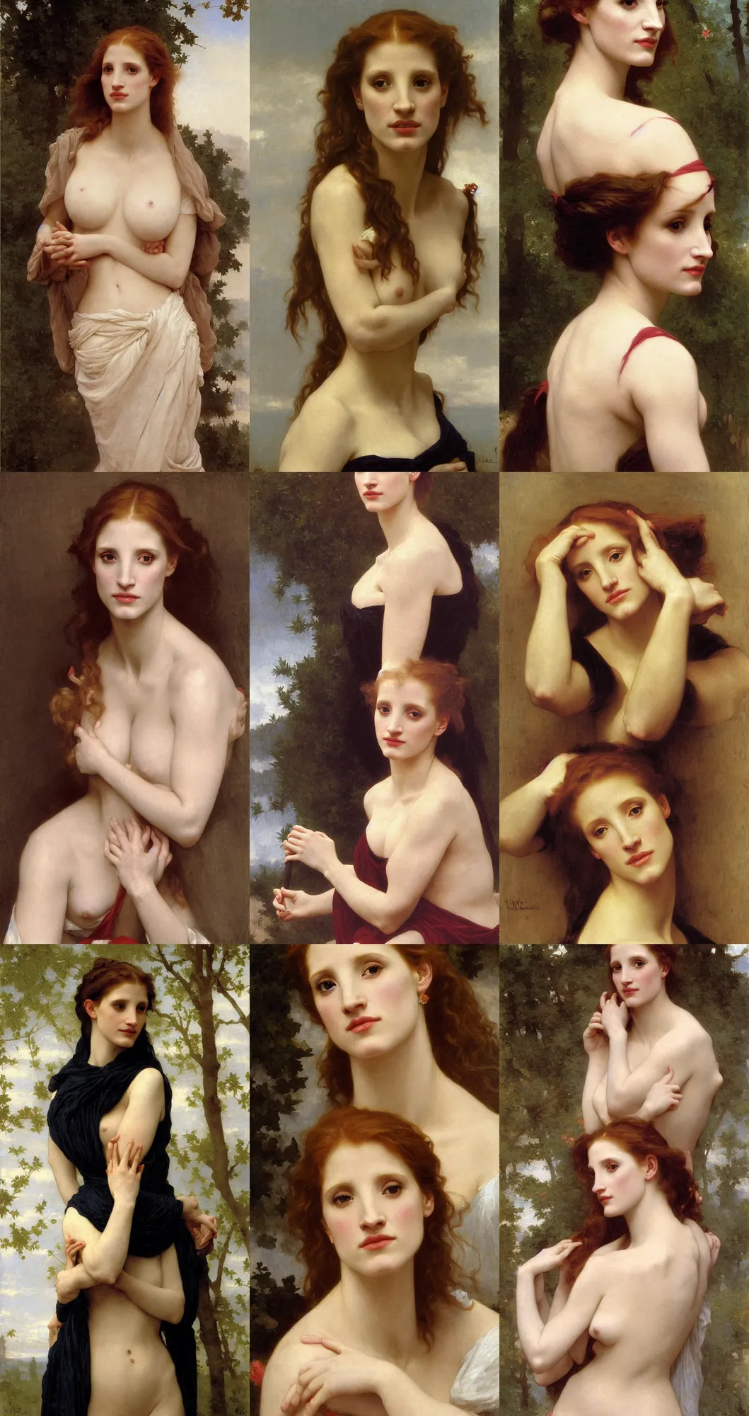Prompt: painting of jessica chastain by william bouguereau