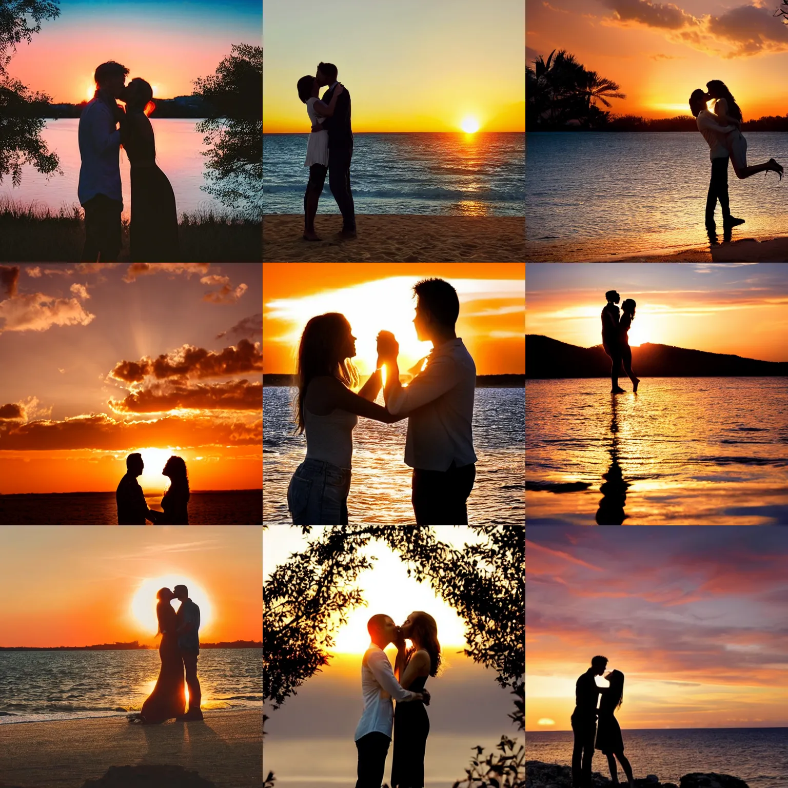 Prompt: a man and woman kissing in front of a beautiful sunset, golden hour, in love, passionate, happy, carefree, young