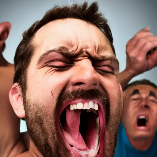 Prompt: stock photo of a man screaming Amongus, people laughing in background, 4k, full image, realistic