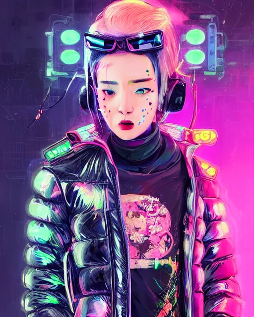 Image similar to detailed portrait Neon Operator Girl, cyberpunk futuristic neon, reflective puffer jacket, black leggings, decorated with traditional Japanese ornaments by Ismail inceoglu dragan bibin hans thoma !dream detailed portrait Neon Operator Girl, cyberpunk futuristic neon, reflective puffy coat, decorated with traditional Japanese ornaments by Ismail inceoglu dragan bibin hans thoma greg rutkowski Alexandros Pyromallis Nekro Rene Maritte Illustrated, Perfect face, fine details, realistic shaded, fine-face, pretty face