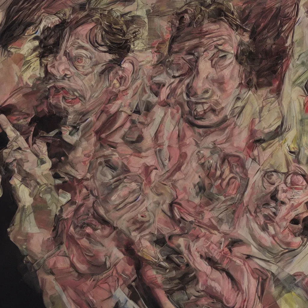 Image similar to high quality high detail painting of todd solondz portrait, tripping on lsd, showing strong fear, by lucian freud and francis bacon, hd, photorealistic lighting