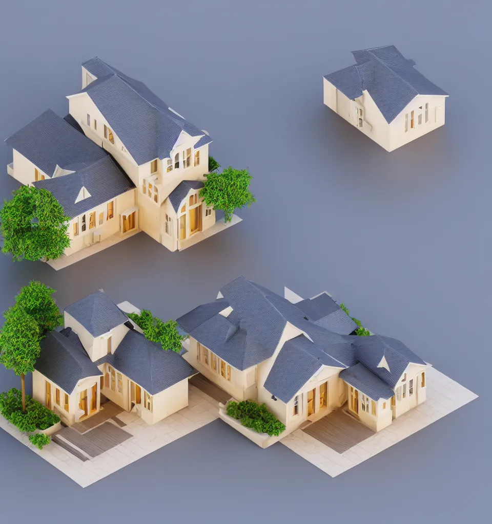Image similar to architectural model, isometric view, 3 d render, studio lighting, low contrast, brightly lit studio, highly detailed, a thick house with triangular plan and circular windows, mansard roof, post - modernism, high tech, pool, tree