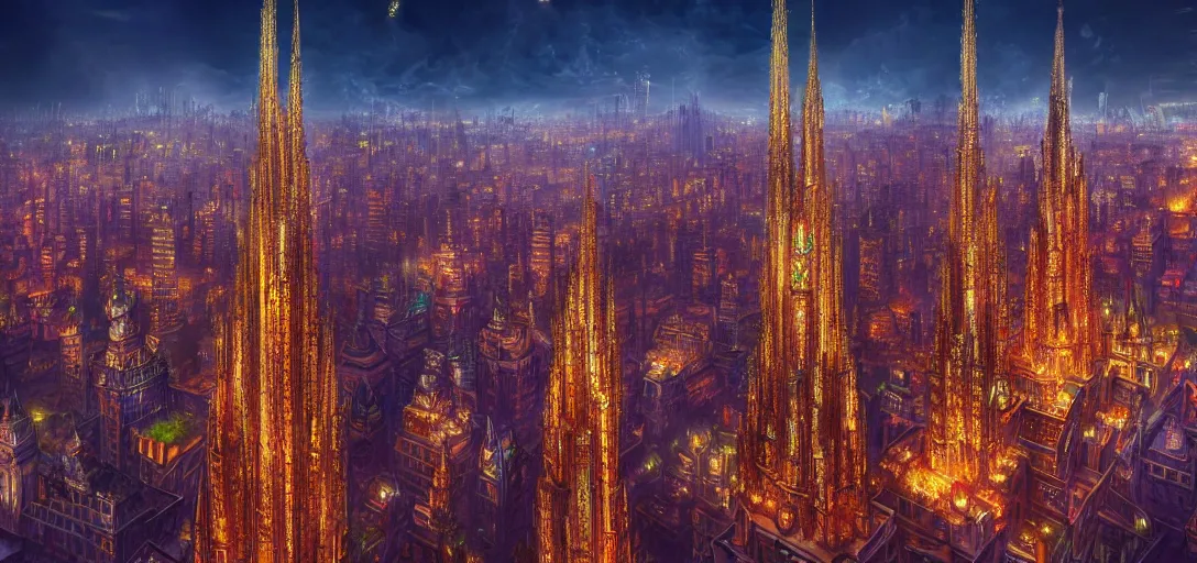 Prompt: A mystical towering city, filled with gleaming skyscrapers made completely out of fractals in reimagined by industrial light and magic by Antoni Gaudí and Thomas Kinkade, 8k, artstation HD,