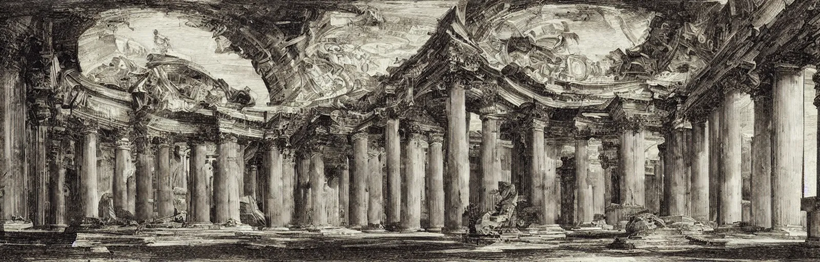 Prompt: a imaginative and theatrical architectural interior landscape, etching by giovanni battista piranesi