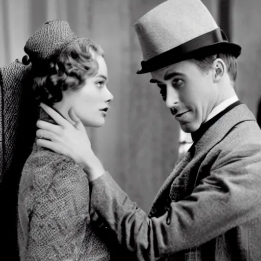 Prompt: still of ryan gosling and margot robbie, in charlie chaplin movie