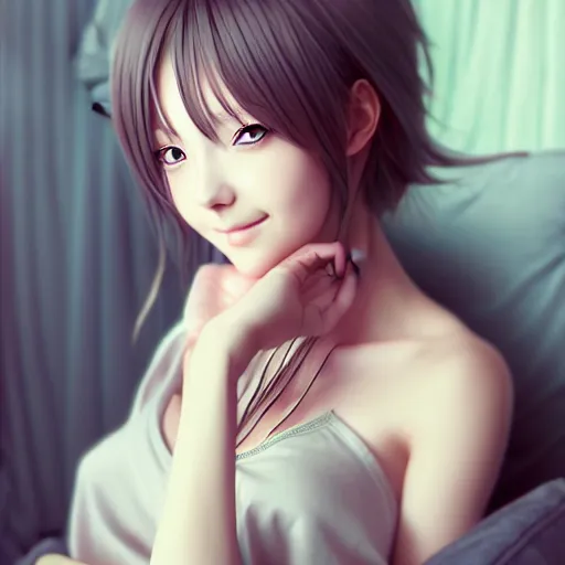 Prompt: beautiful serene intricate portrait of a realistic anime woman, smiling softly, wearing casual clothes, relaxing on the couch, interior lighting, cozy living room interior, soft focus, 8 k, art by irakli nadar, hyperrealism, hyperdetailed, ultra realistic