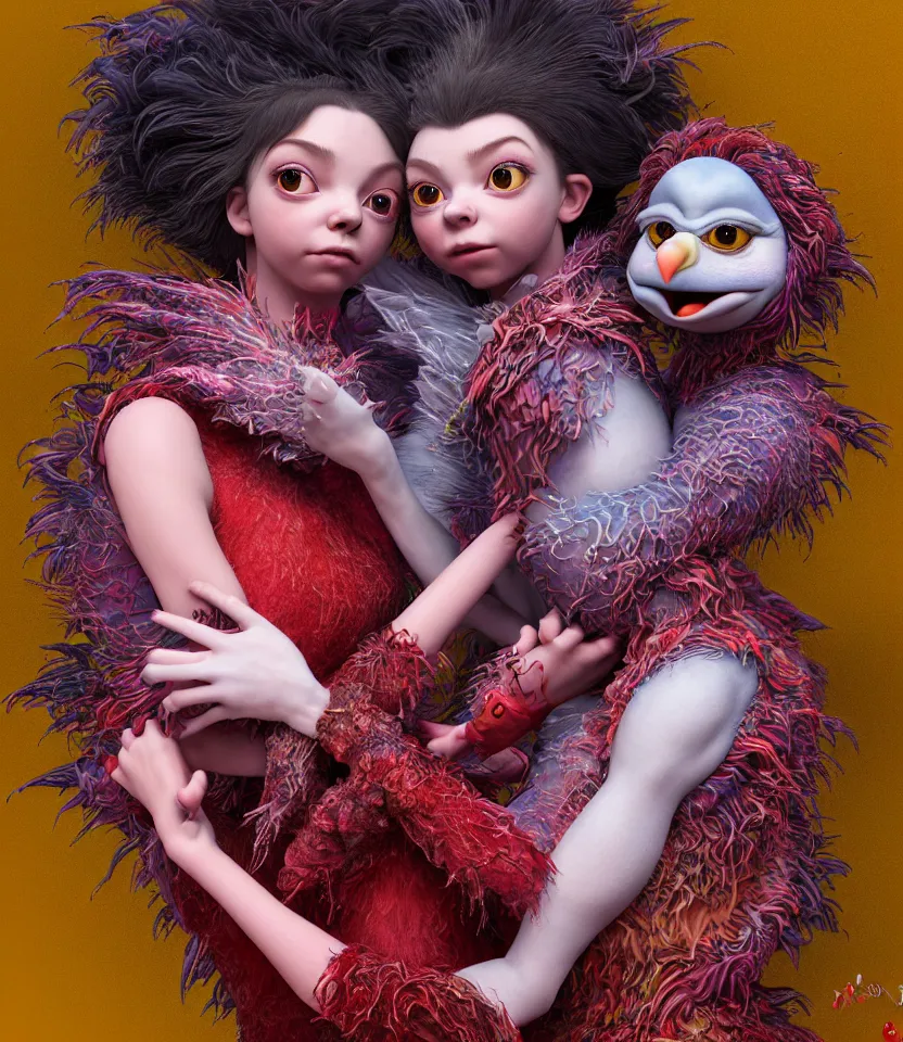 Image similar to hyper detailed 3d render like a Oil painting - kawaii portrait of hopeful lovers hugging tight or kissing pecking adorably Aurora (a beautiful girl skeksis muppet fae princess protective playful expressive acrobatic from dark crystal that looks like Anya Taylor-Joy) seen red carpet photoshoot in UVIVF posing in scaly dress to Eat of the Strangling network of yellowcake aerochrome and milky Fruit and His delicate Hands hold of gossamer polyp blossoms bring iridescent fungal flowers whose spores black the foolish stars by Jacek Yerka, Ilya Kuvshinov, Mariusz Lewandowski, Houdini algorithmic generative render, golen ratio, Abstract brush strokes, Masterpiece, Edward Hopper and James Gilleard, Zdzislaw Beksinski, Mark Ryden, Wolfgang Lettl, hints of Yayoi Kasuma and Dr. Seuss, Grant Wood, octane render, 8k