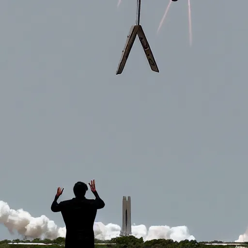 Image similar to space x launch of a crucified Elon Musk