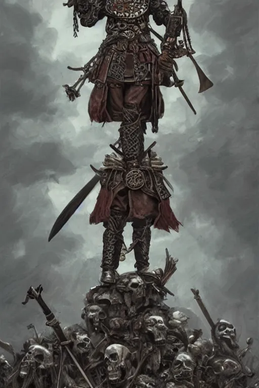 Prompt: a distant shot of a Ukrainian barechest cossack with a sword standing alone on a pile of skulls as a winner, masculine figure, D&D, fantasy, intricate, elegant, highly detailed, extremely detailed, digital painting, artstation, concept art, matte, sharp focus, symmetrical, illustration, art by Artgerm and Greg Rutkowski and Alphonse Mucha