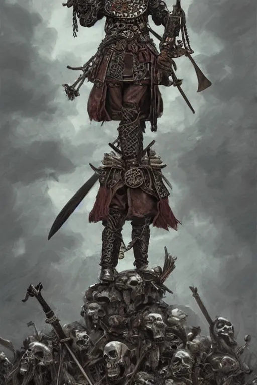 Image similar to a distant shot of a Ukrainian barechest cossack with a sword standing alone on a pile of skulls as a winner, masculine figure, D&D, fantasy, intricate, elegant, highly detailed, extremely detailed, digital painting, artstation, concept art, matte, sharp focus, symmetrical, illustration, art by Artgerm and Greg Rutkowski and Alphonse Mucha