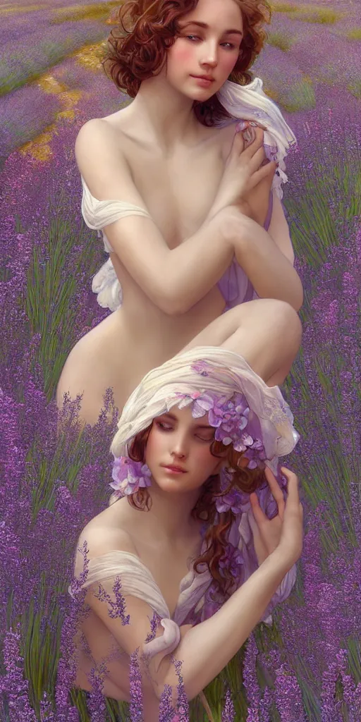 Prompt: a young nymph in an artistic resting pose covered in lace intricate translucent loosen cloths surrounded by beautiful lavender plants and meadows, highly detailed digital by artgerm, wlop, by boris vallejo, by alphonse mucha painting