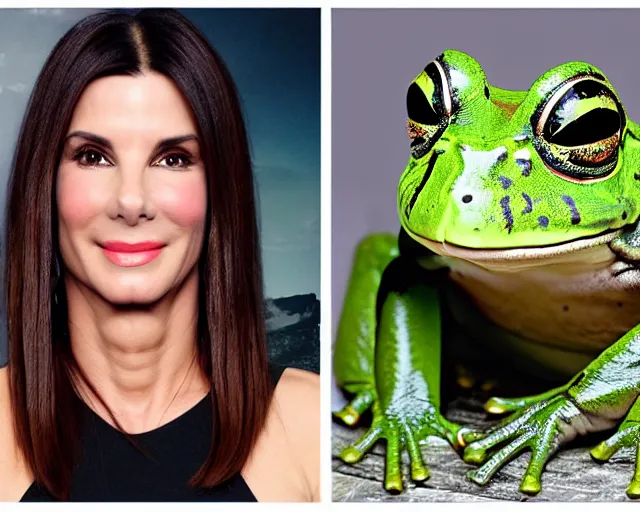 Prompt: color studio photo of sandra bullock mixed with an american bullfrog