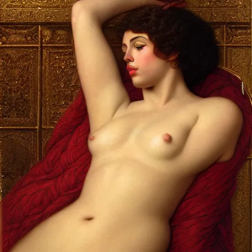 Prompt: beautiful_golden_portrait_of_a_Scarlet Johansson_Grand Odalisque_intricate_oil_paintingby Jo hn_William_Godward_by_Anna_Dittman_by J-H 768-C2.0