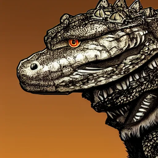 Image similar to Furred crocodile with a wolve's head, concept art, illuminated by full moon, professional photoshop artwork, highly detailed, single subject