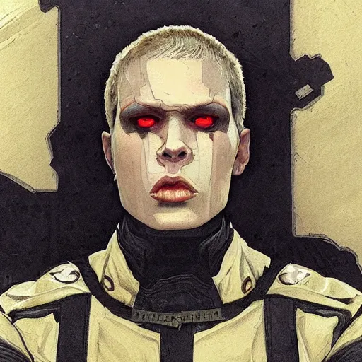 Image similar to portrait of rubbery, gaunt albino mutant with moist skin, sharp features, large lips, huge black eyes and determined expression, wearing fascist Byzantine police uniform and standing on cyberpunk docks, Dune concept art by Anato Finnstark, Alphonse Mucha, and Greg Rutkowski