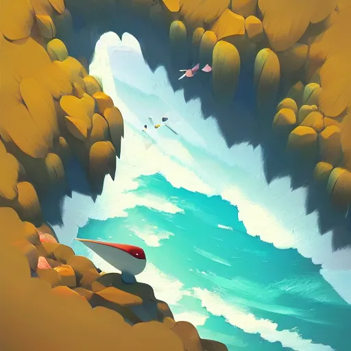 Image similar to goro fujita ilustration view from the sky of a bird with open wings full of feathers, flying over the ocean with waves and rocks, painting by goro fujita, sharp focus, highly detailed, artstation