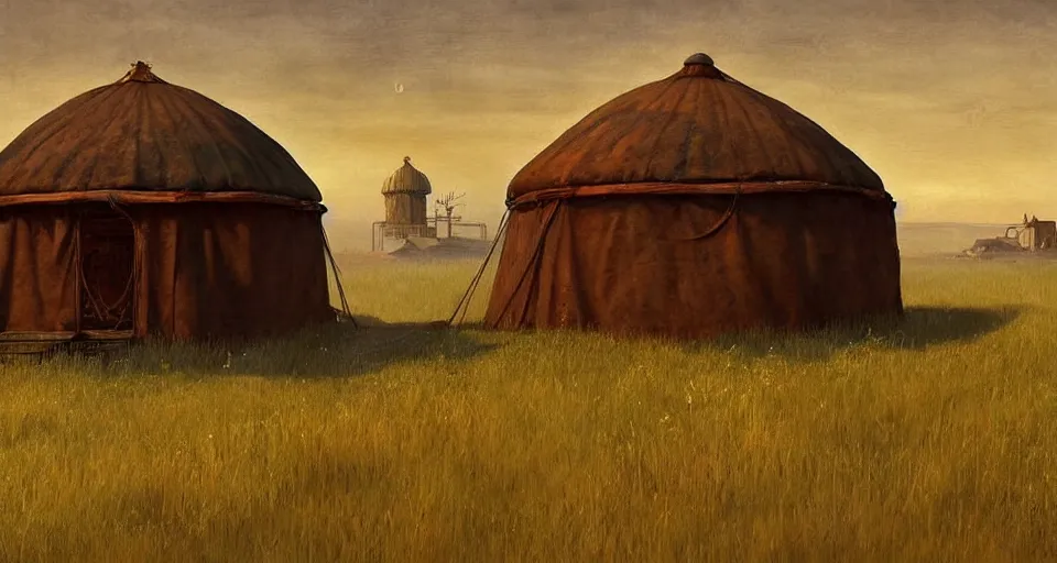 Image similar to night, yurt, in the steppe, summer field, misty background, rusty building constructions of spiral upside - down stairs on background, from the game pathologic 2, highly detailed, sharp focus, matte painting, by isaac levitan and asher brown durand,