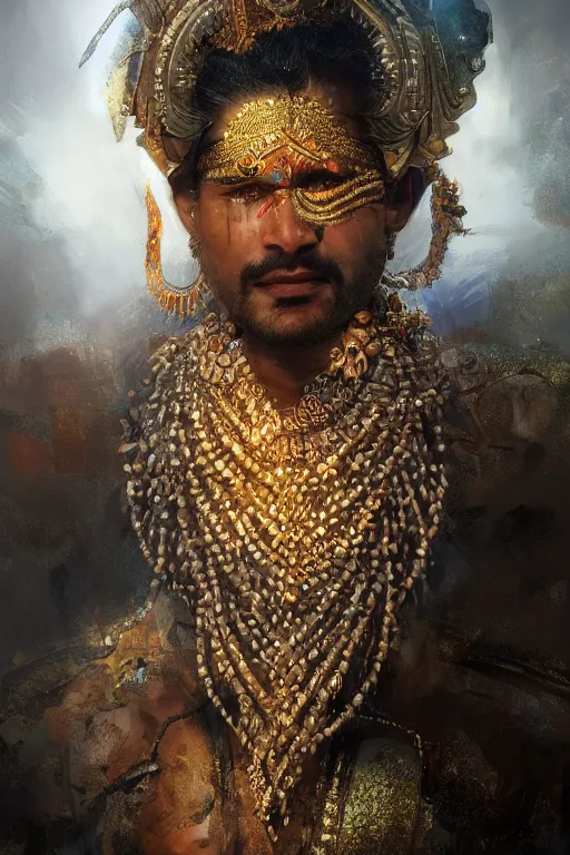 Image similar to indian god, close - up portrait, powerfull, intricate, elegant, volumetric lighting, scenery, digital painting, highly detailed, artstation, sharp focus, illustration, concept art, ruan jia, steve mccurry